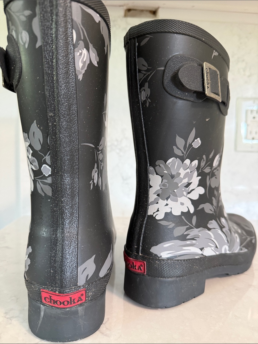 chooka Black Floral Waterproof Rain Boots with Gray Print